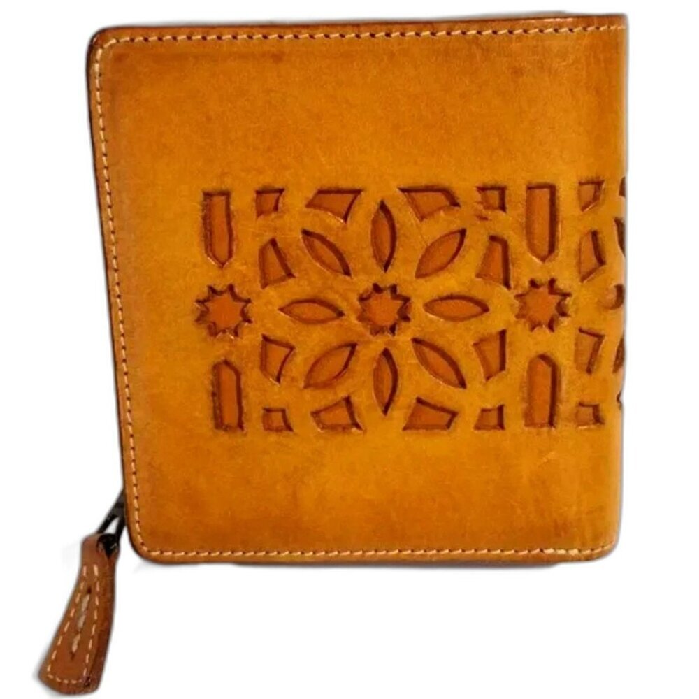 Genten Stylish Yellow Leather Coin Purse Wallet – Cutwork, 4x3.75''  With Zipper